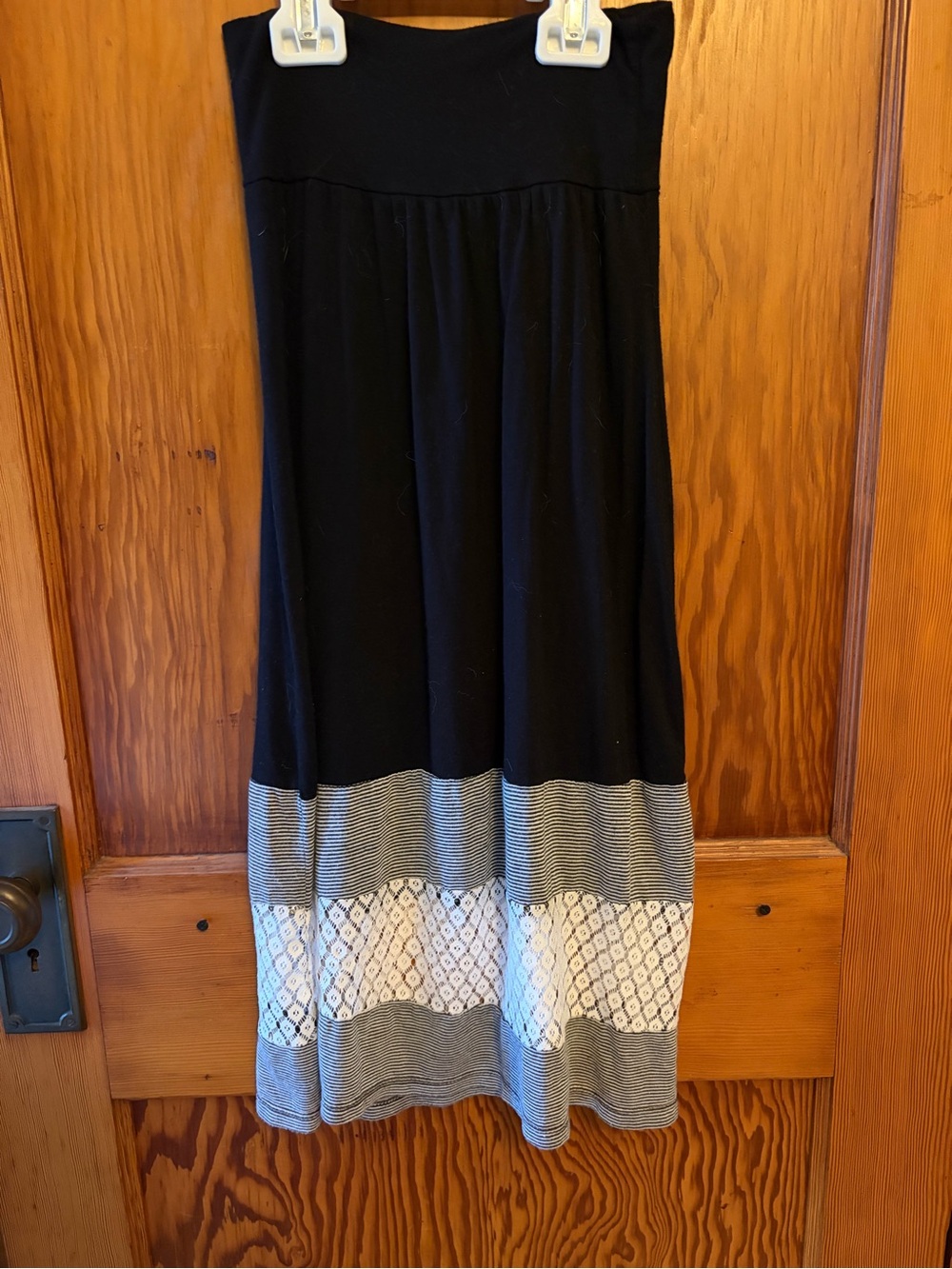 btween Black Maxi Skirt with Ivory Lace and Gray Stripe Hem